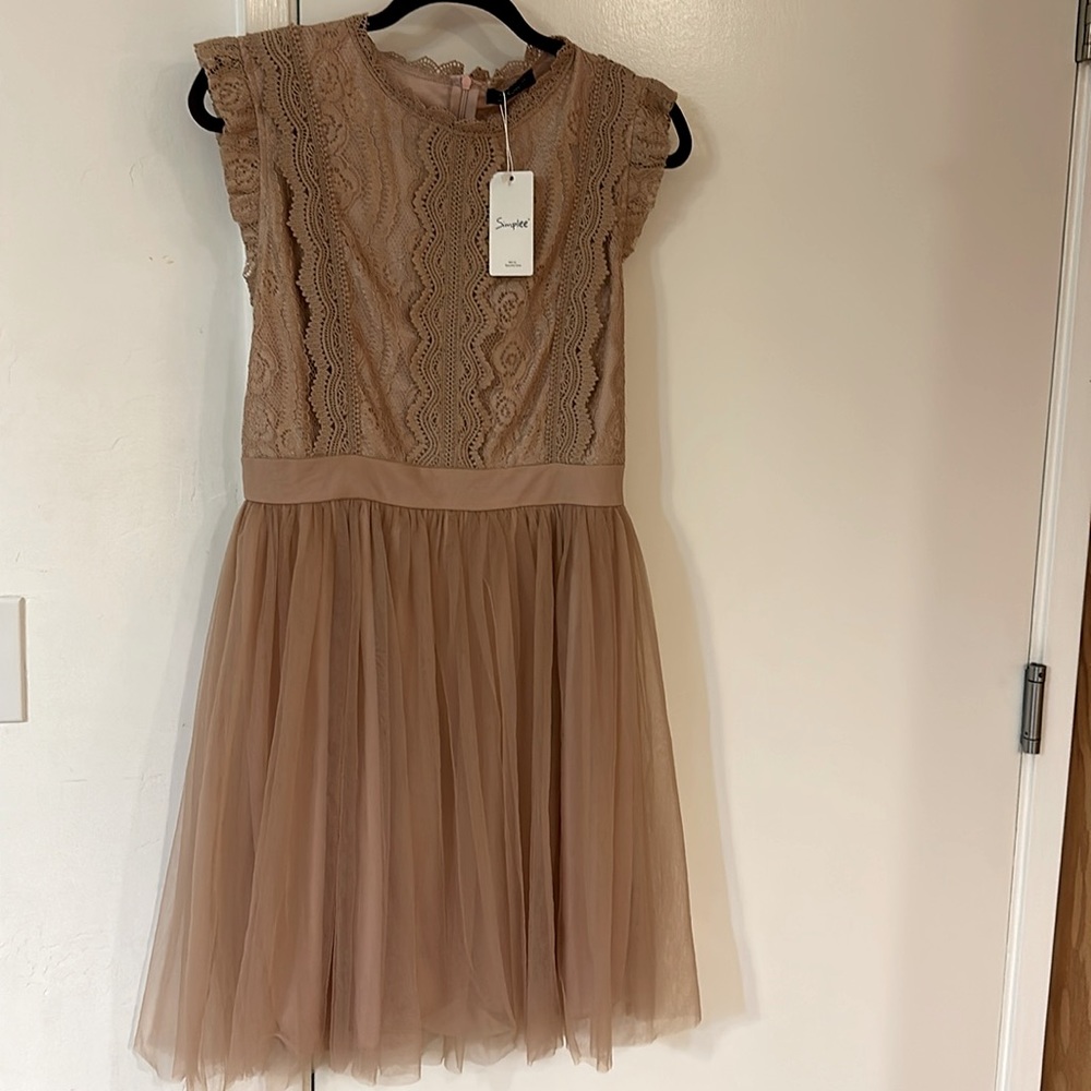 Rose color lace and chiffon midi dress. Back zipper. Size XL